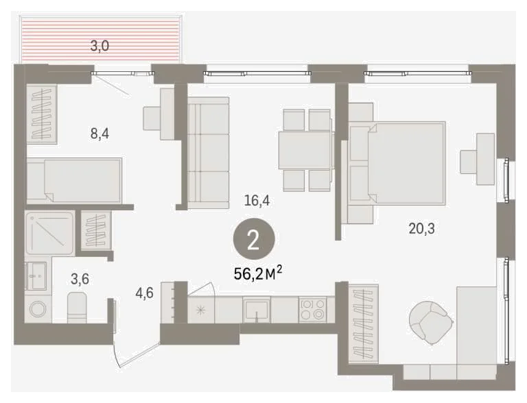 Планировка: 2-комн., 56,2 м²