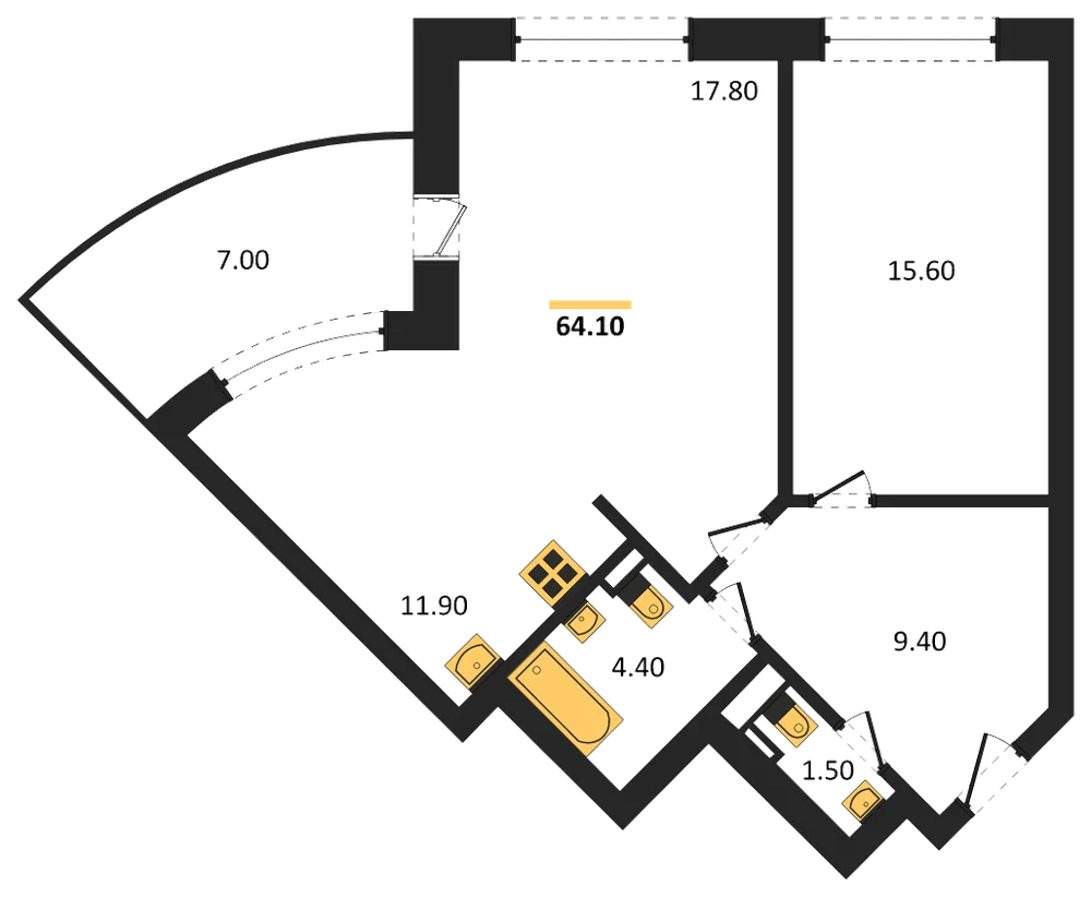 Планировка: 1-комн., 65,1 м²