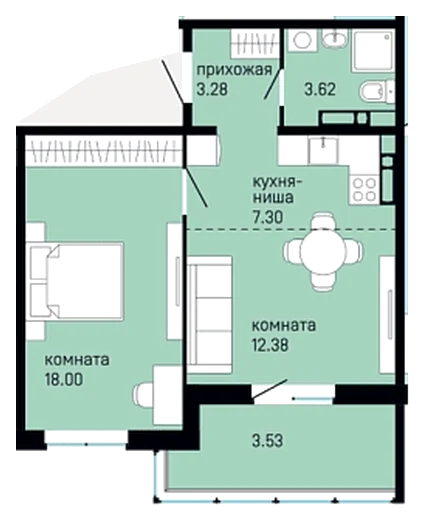 Планировка: 1-комн., 48,1 м²