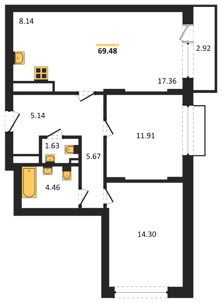 Планировка: 2-комн., 69,5 м²