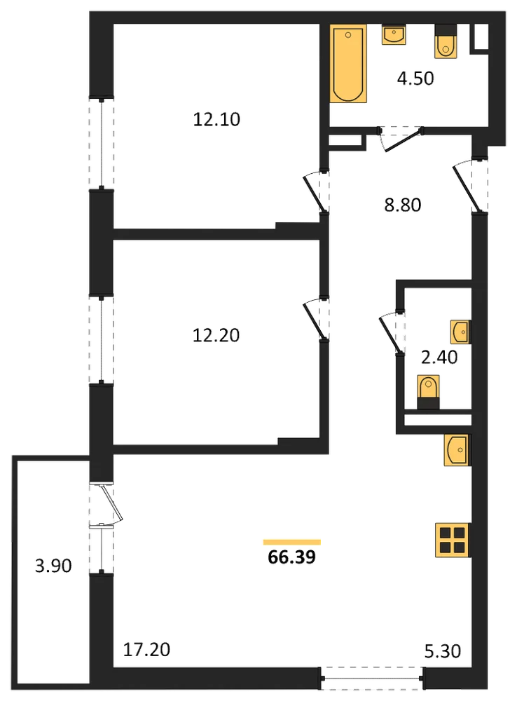 Планировка: 2-комн., 66,4 м²