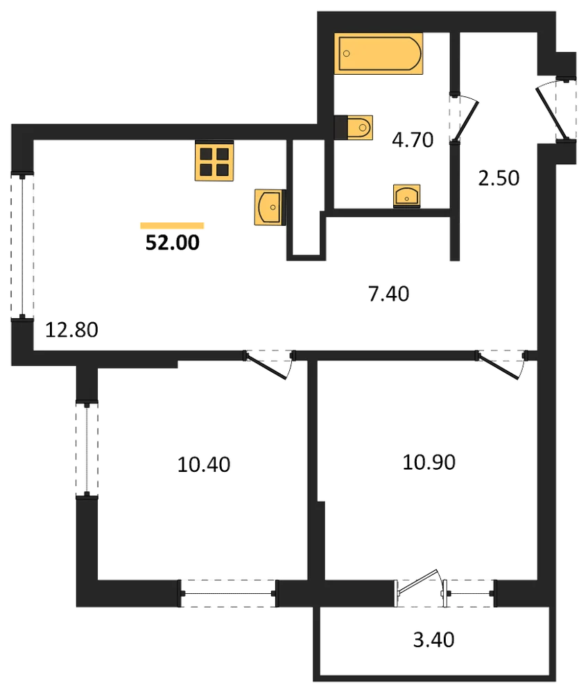 Планировка: 2-комн., 52 м²