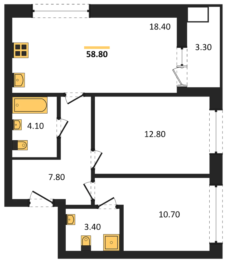 Планировка: 2-комн., 58,8 м²