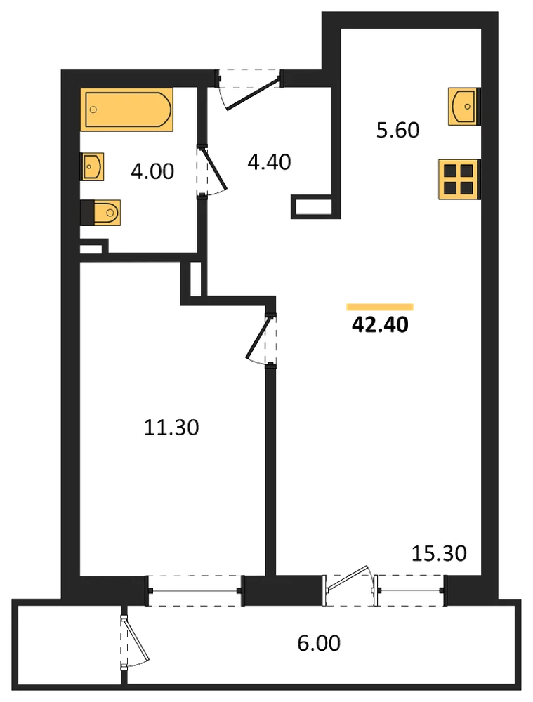 Планировка: 1-комн., 42,4 м²