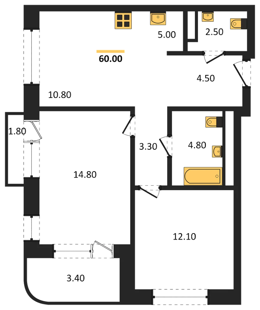 Планировка: 3-комн., 60 м²