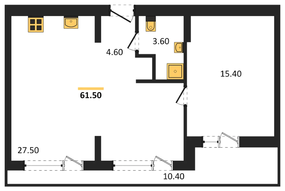 Планировка: 1-комн., 61,5 м²