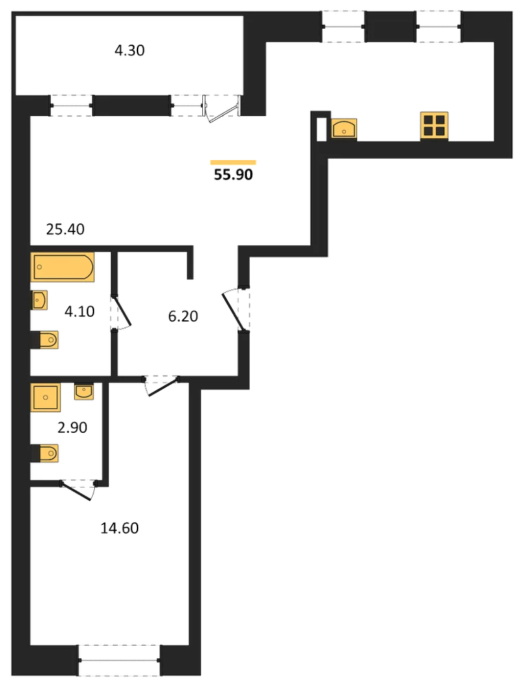 Планировка: 1-комн., 55,9 м²