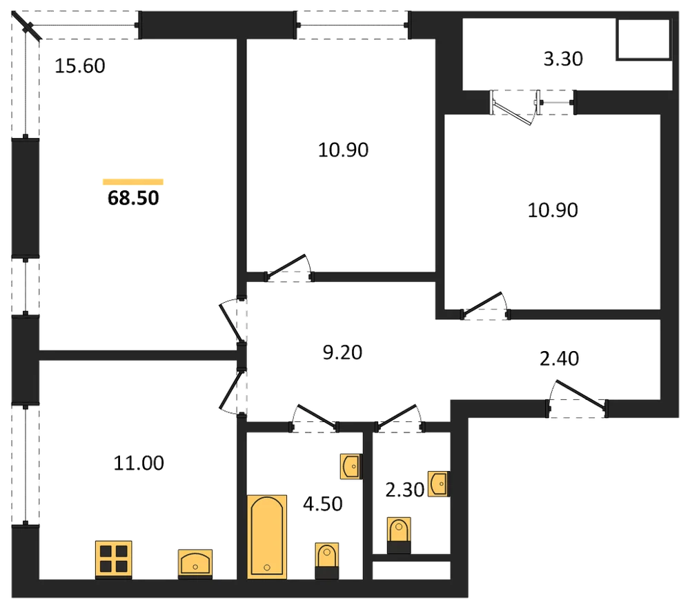 Планировка: 3-комн., 68,5 м²