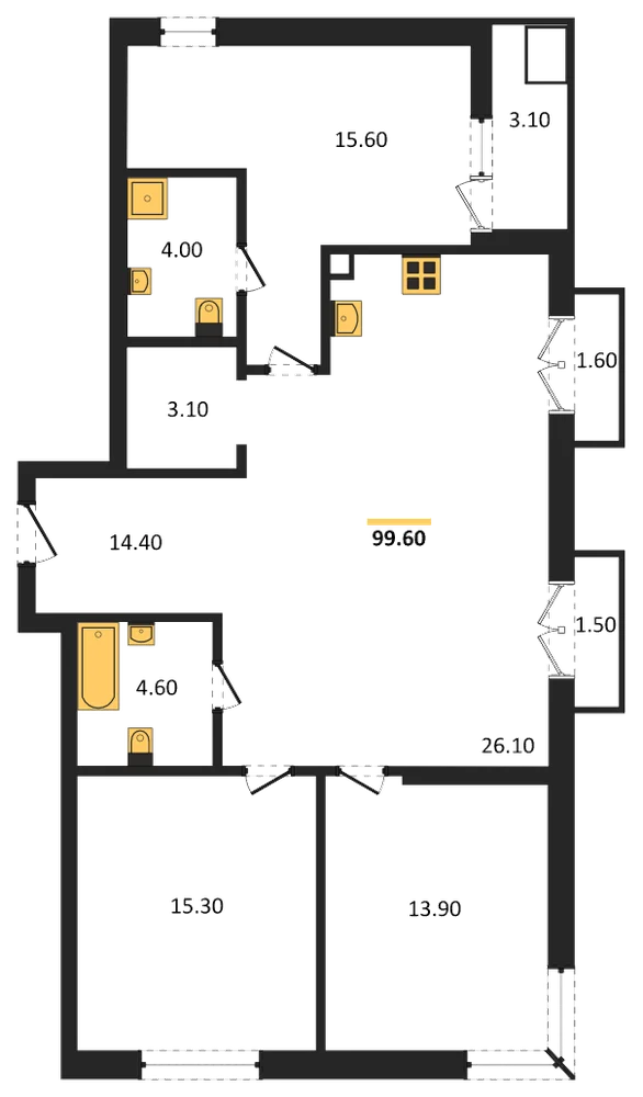 Планировка: 3-комн., 99,6 м²