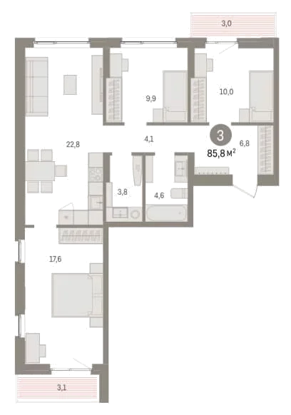 Планировка: 3-комн., 85,8 м²