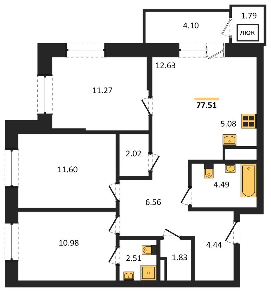 Планировка: 3-комн., 77,5 м²