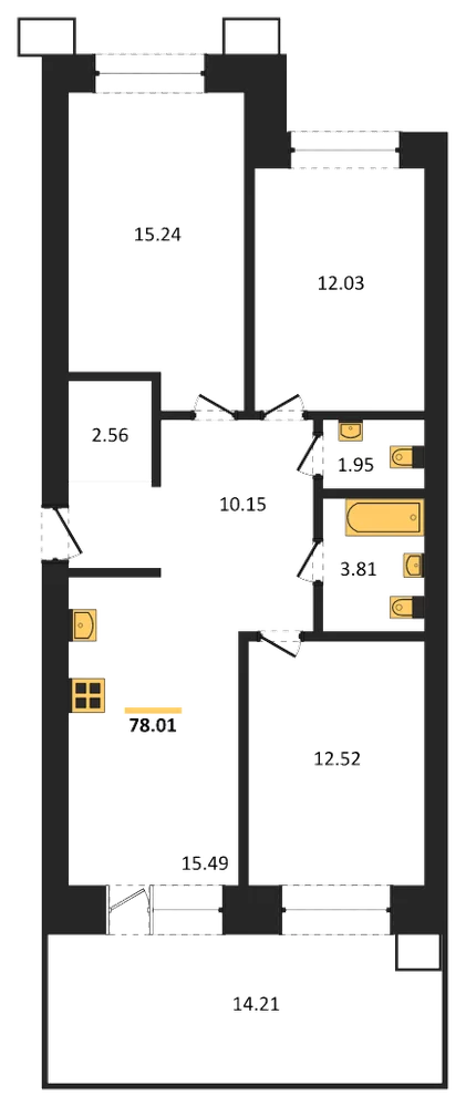 Планировка: 3-комн., 77,9 м²