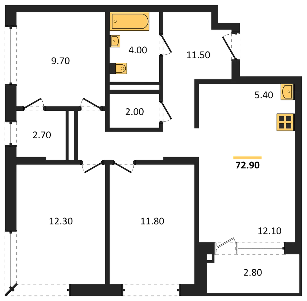 Планировка: 3-комн., 72,9 м²