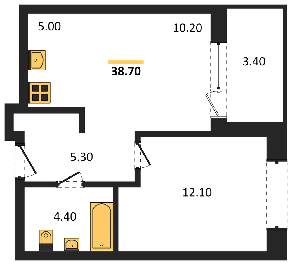 Планировка: 1-комн., 38,7 м²
