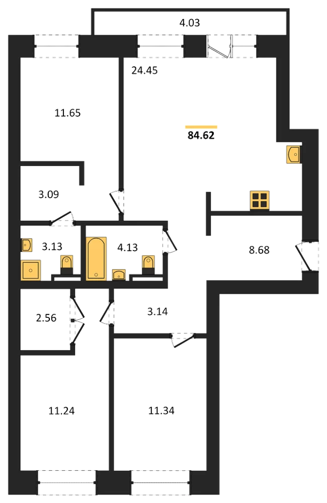 Планировка: 3-комн., 84,6 м²