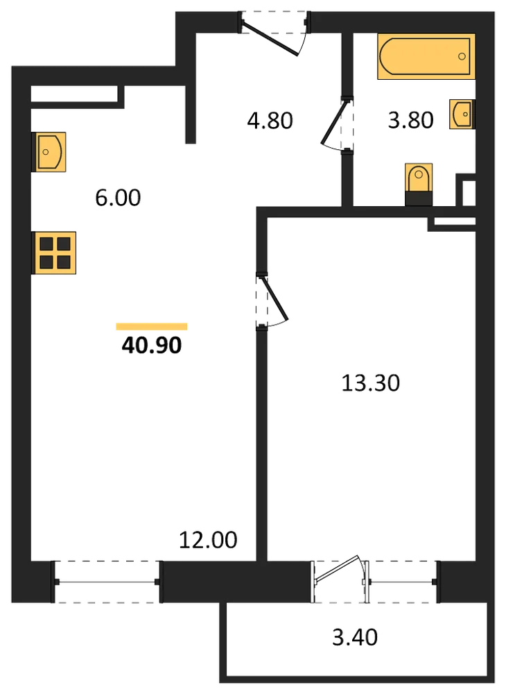 Планировка: 1-комн., 40 м²