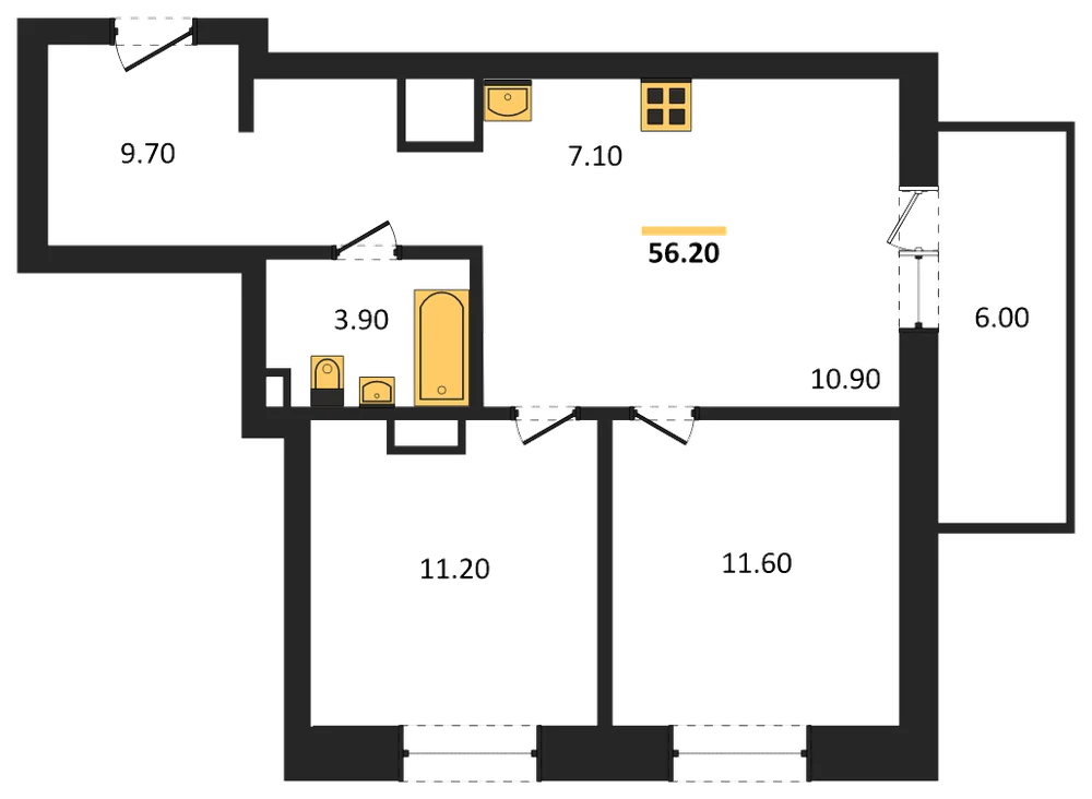 Планировка: 2-комн., 56,2 м²
