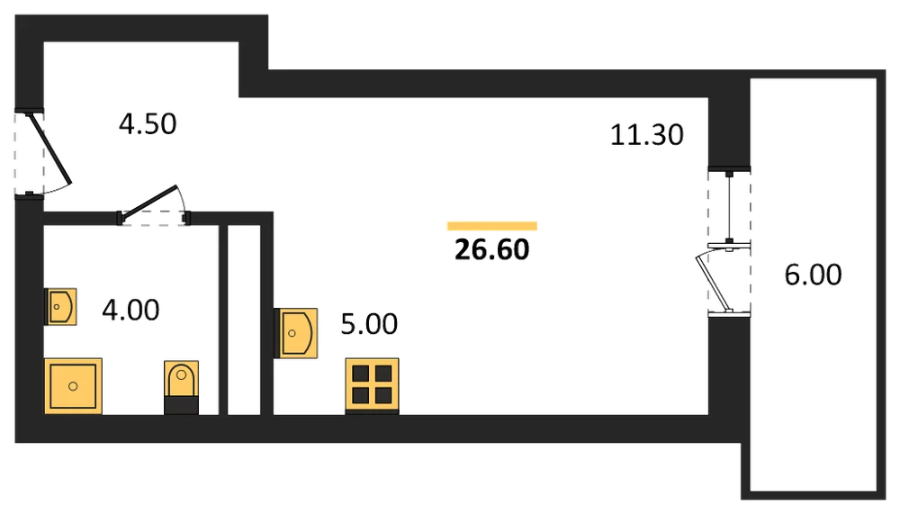 Планировка: Студия, 26,6 м²