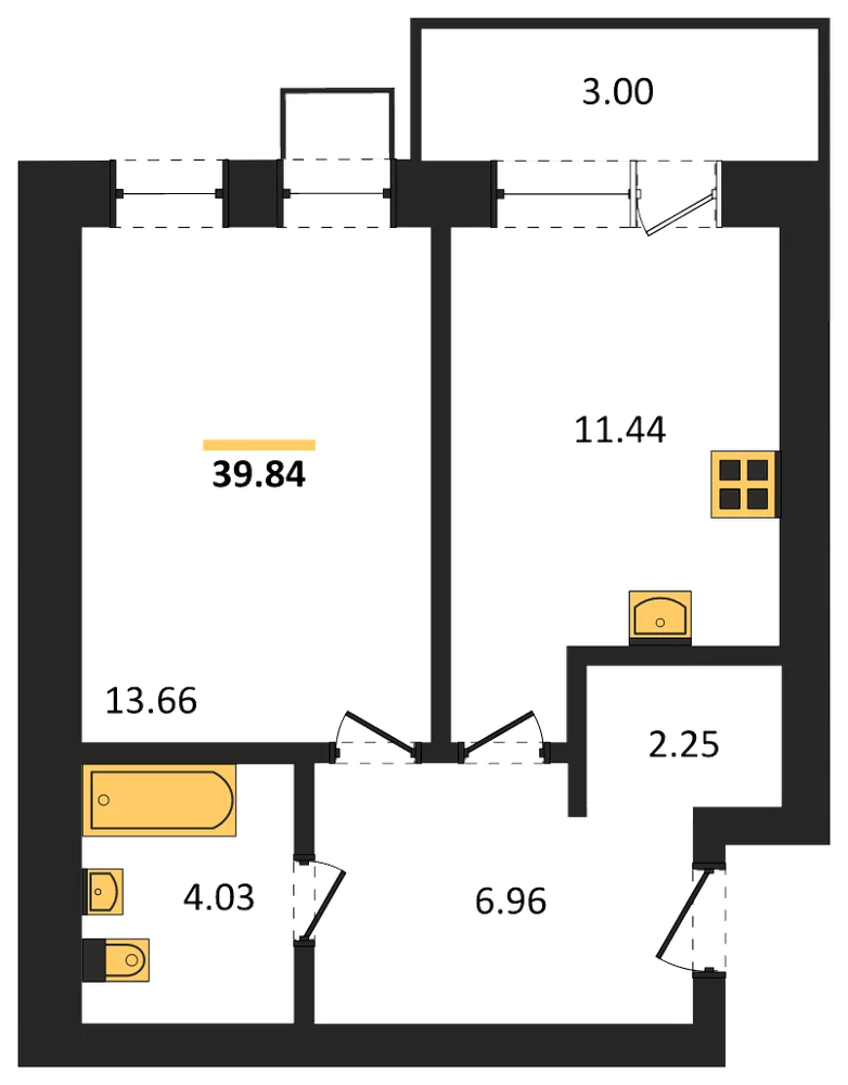 Планировка: 1-комн., 39,9 м²