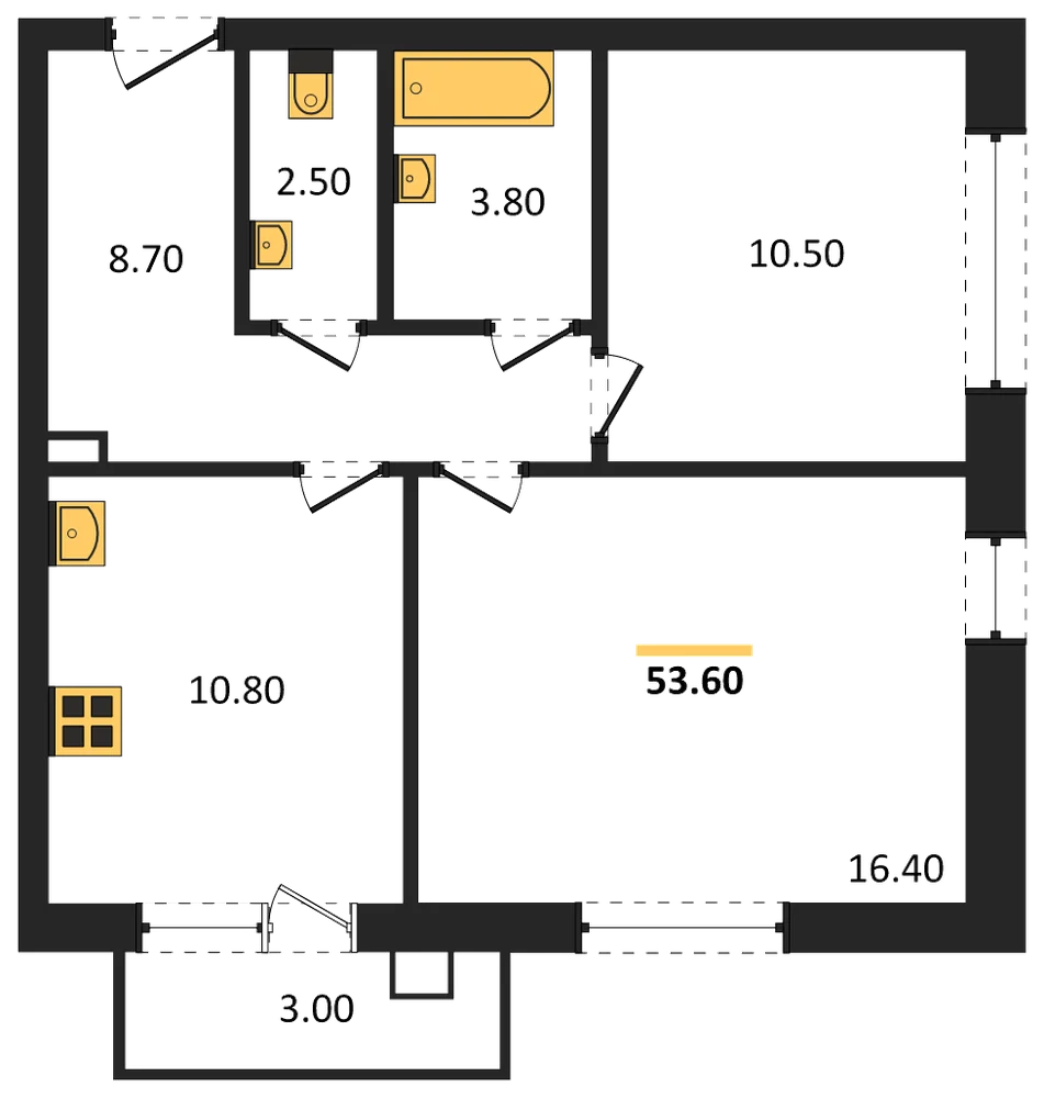 Планировка: 2-комн., 53,6 м²