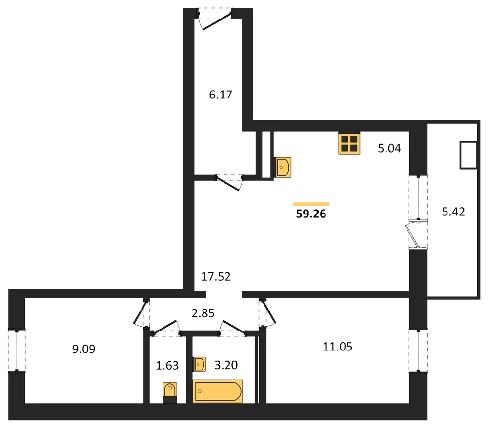 Планировка: 2-комн., 59,3 м²