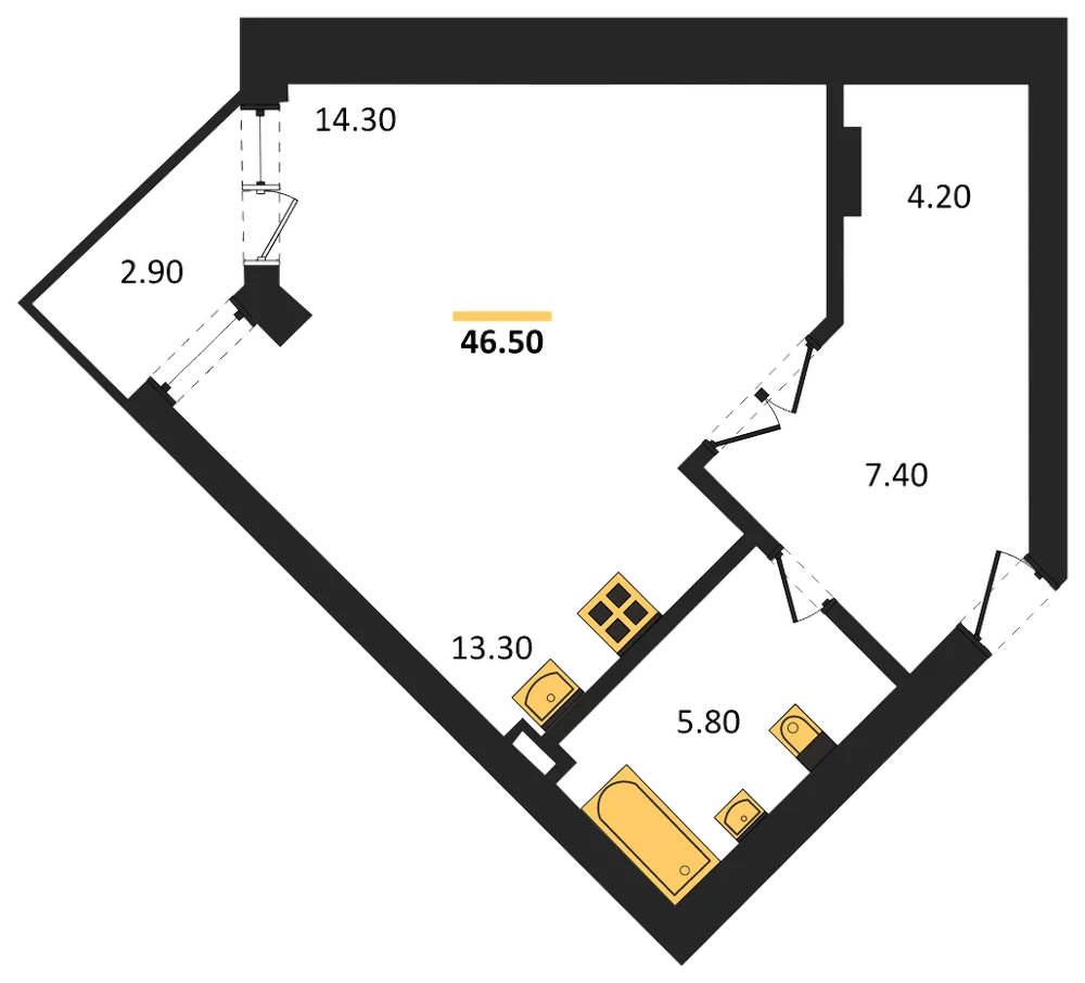 Планировка: Студия, 46,5 м²