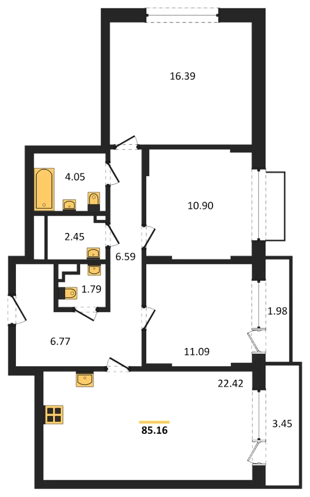 Планировка: 3-комн., 85,2 м²