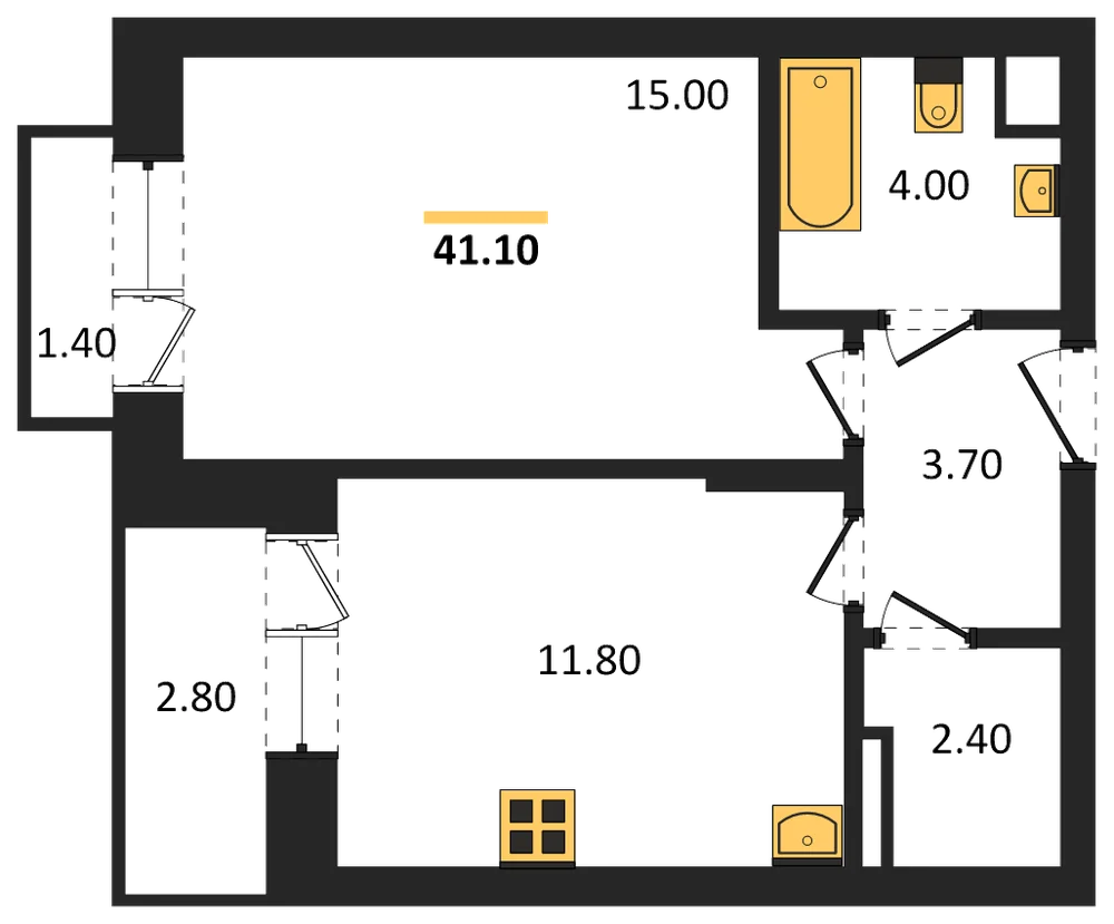 Планировка: 1-комн., 41,1 м²
