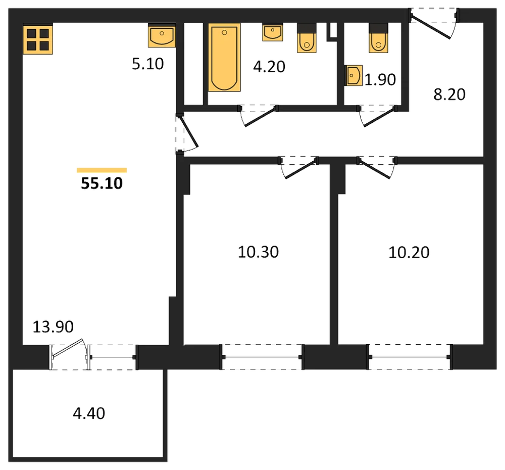 Планировка: 2-комн., 55,1 м²