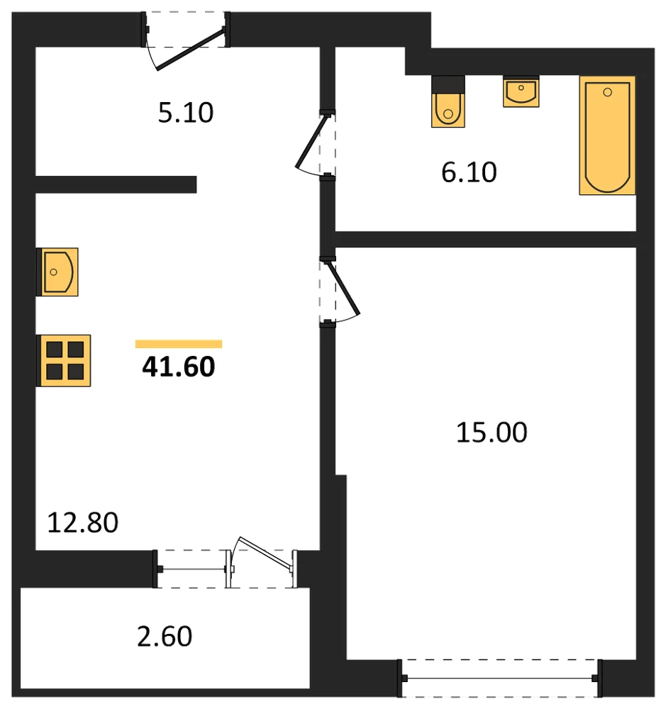 Планировка: 1-комн., 41,6 м²
