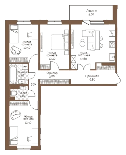 Планировка: 3-комн., 74,8 м²