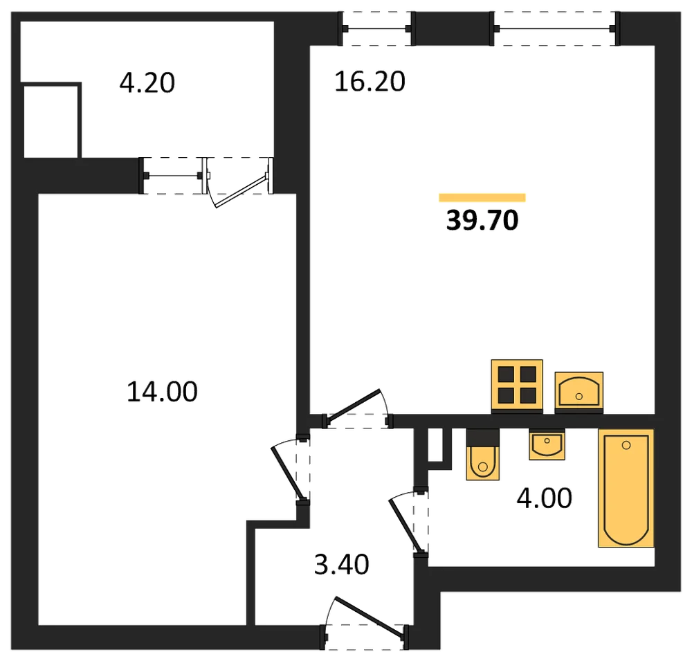 Планировка: 1-комн., 39,7 м²