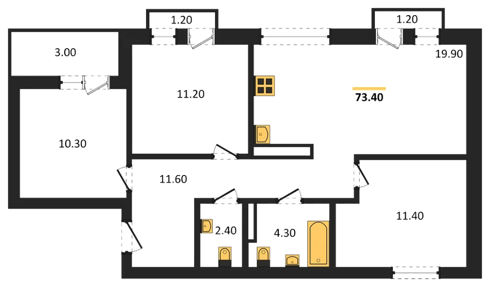 Планировка: 3-комн., 73,1 м²
