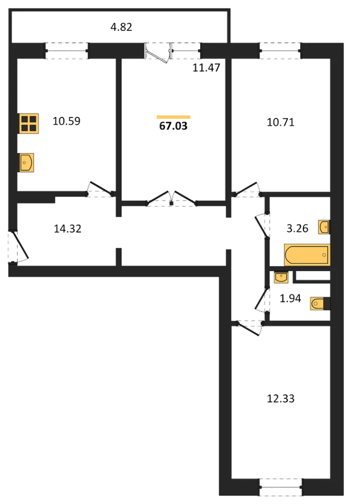 Планировка: 3-комн., 67 м²