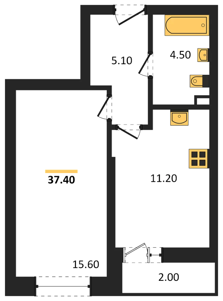 Планировка: 1-комн., 37,4 м²