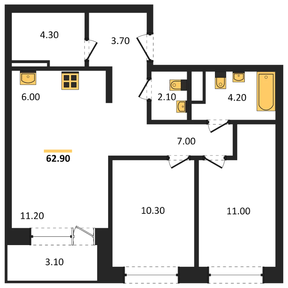 Планировка: 2-комн., 62,9 м²