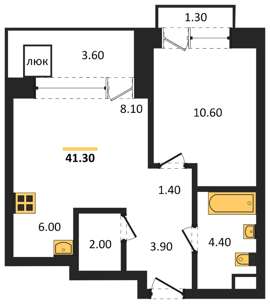 Планировка: 1-комн., 41,3 м²