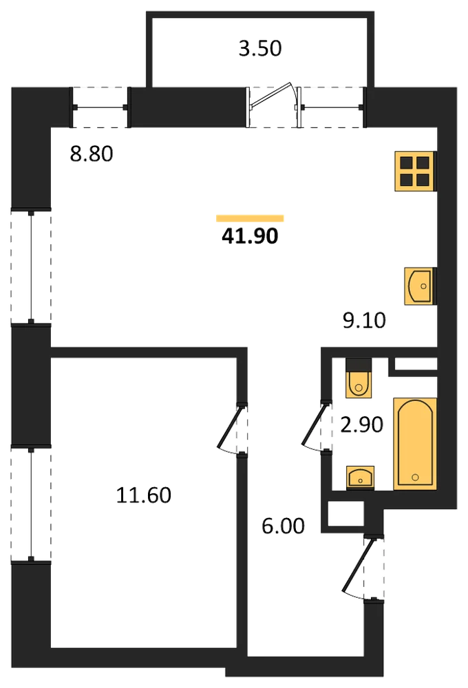 Планировка: 1-комн., 39,5 м²