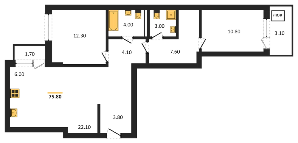 Планировка: 2-комн., 75,6 м²