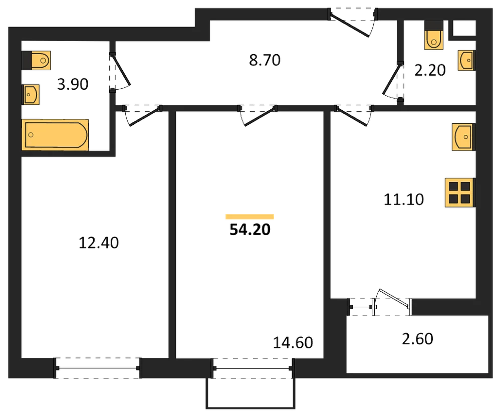Планировка: 2-комн., 54,2 м²