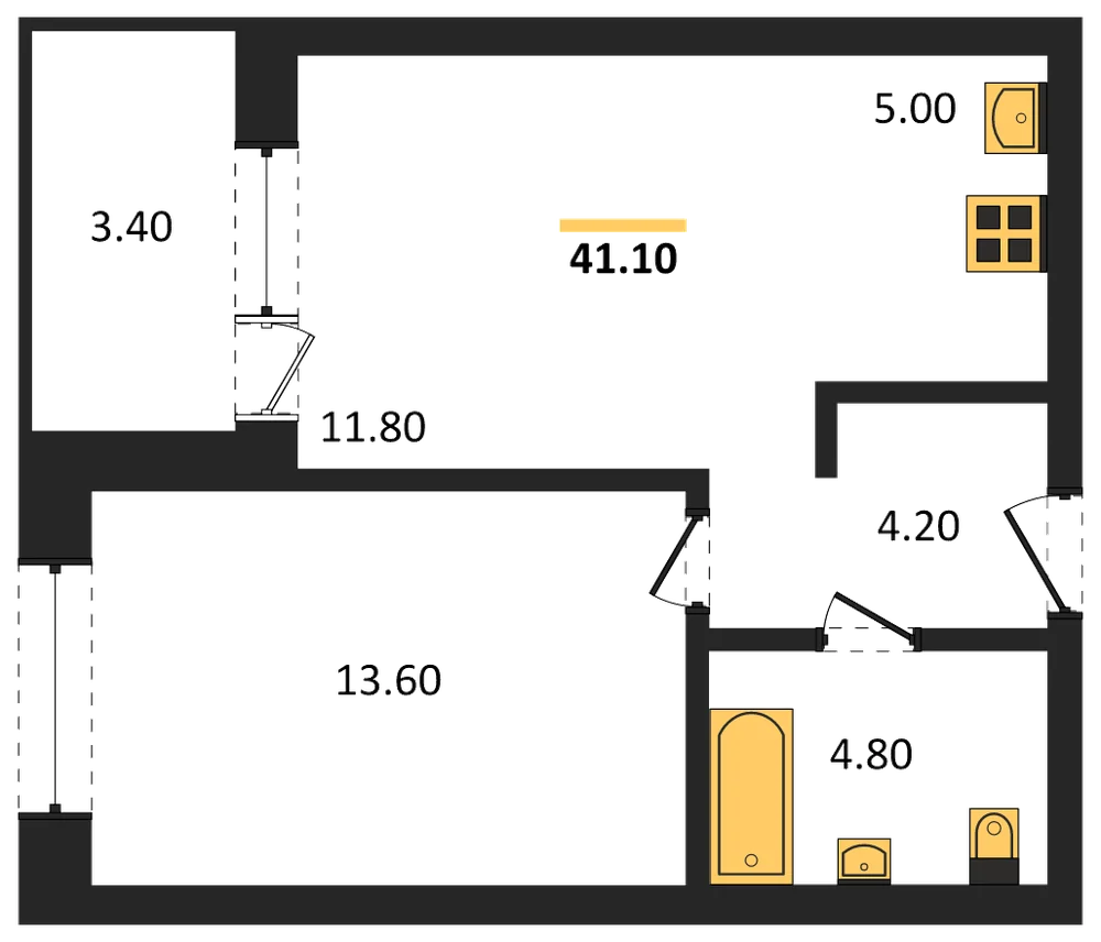 Планировка: 2-комн., 41,1 м²
