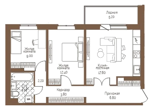 Планировка: 2-комн., 58,5 м²