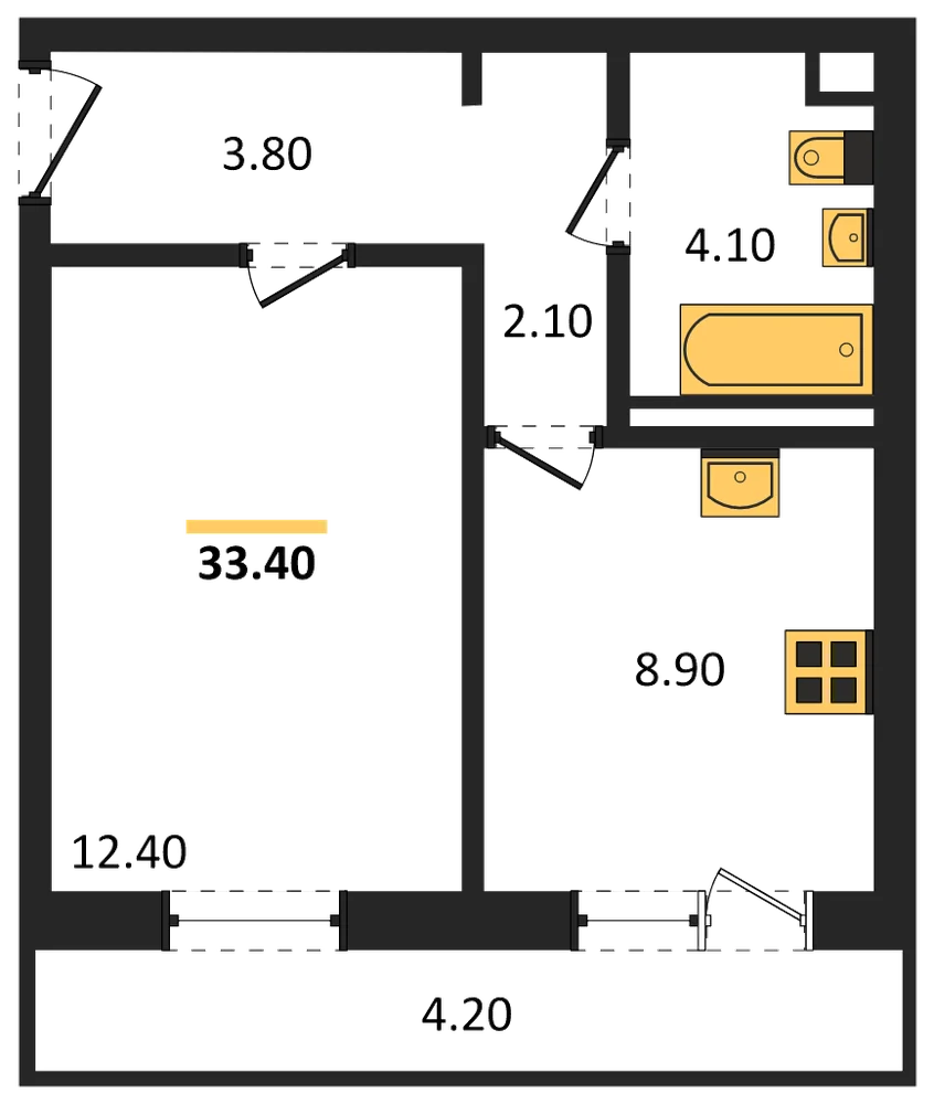 Планировка: 1-комн., 33,4 м²