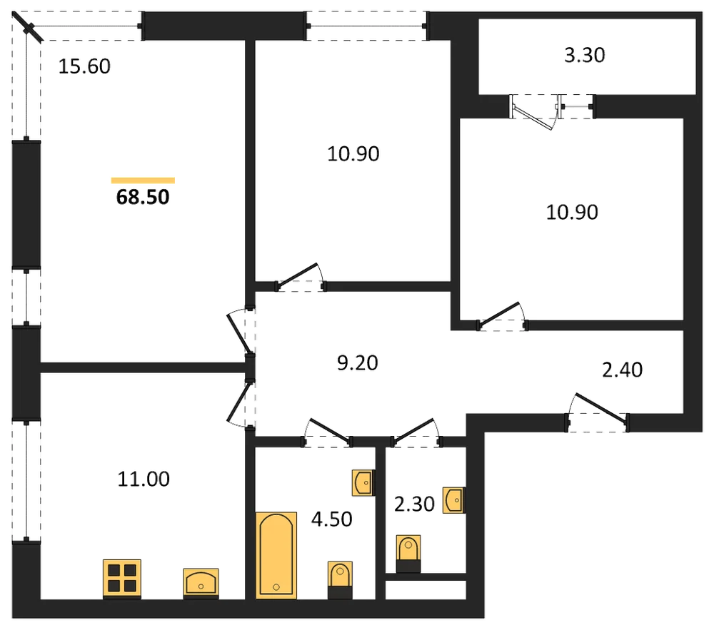 Планировка: 3-комн., 68,5 м²