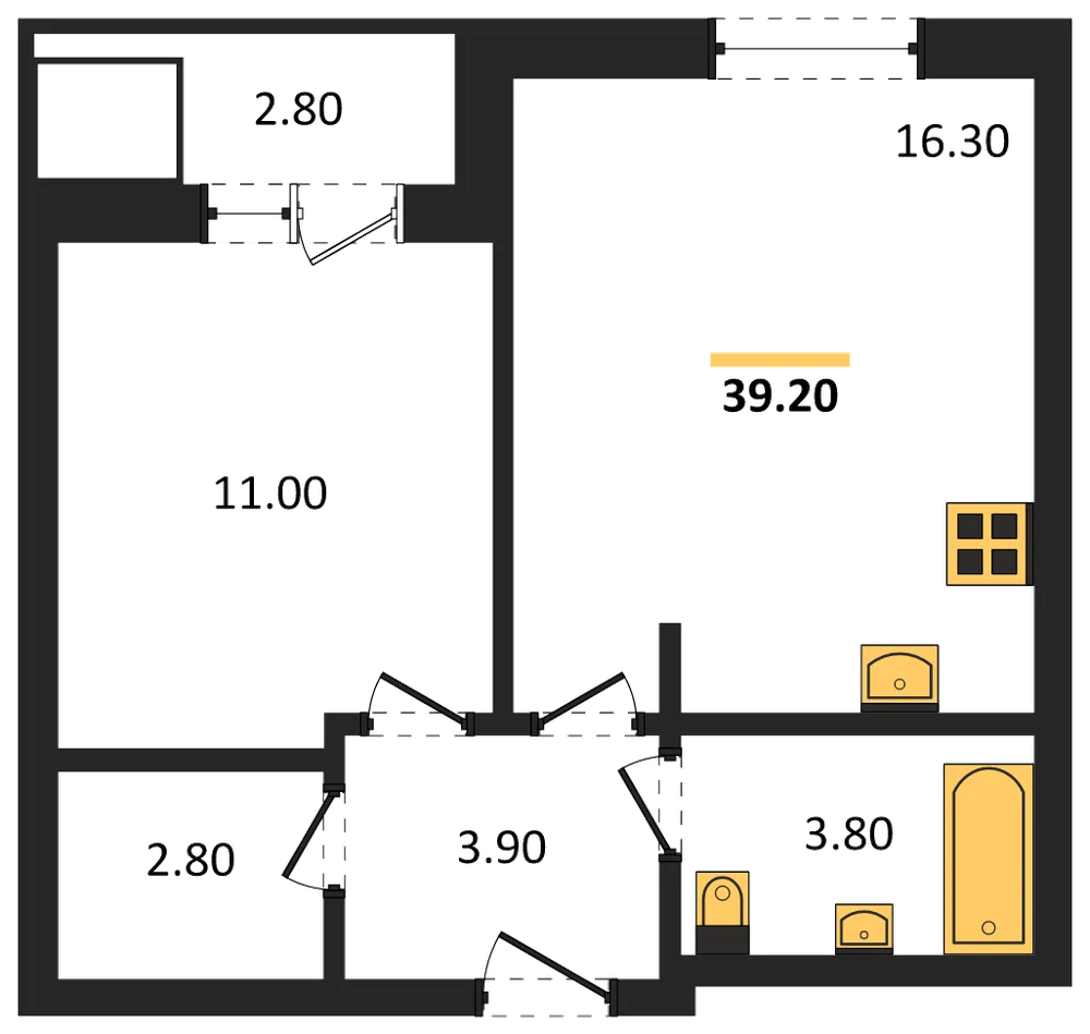 Планировка: 1-комн., 39,2 м²