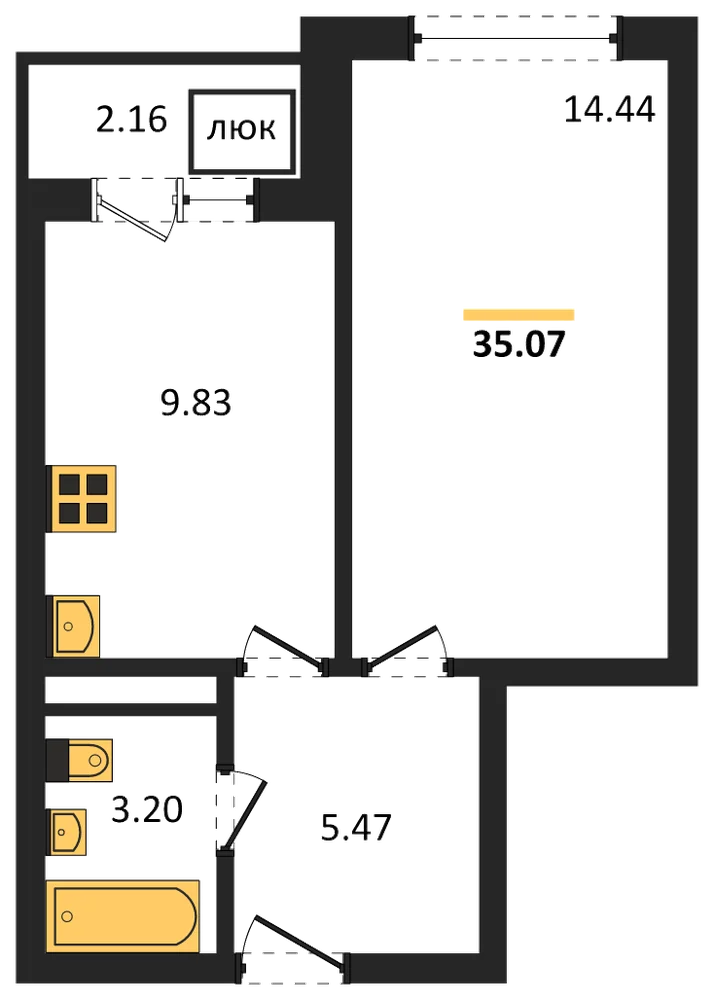Планировка: 1-комн., 35,1 м²