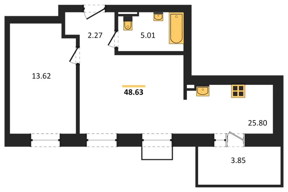 Планировка: 1-комн., 48,6 м²