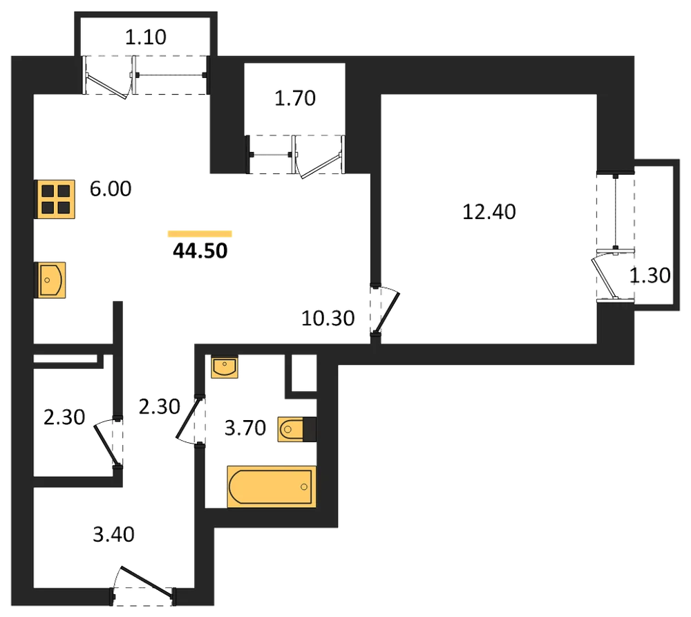 Планировка: 1-комн., 44,5 м²