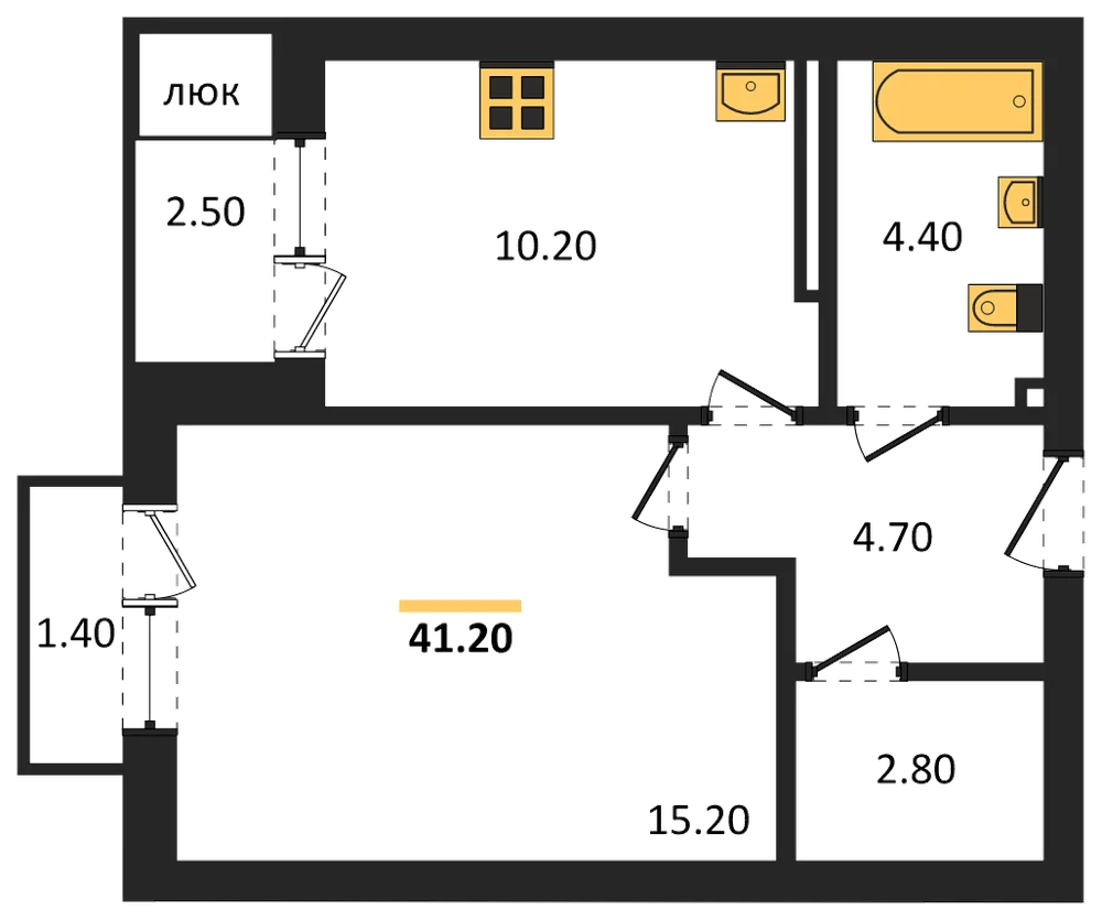 Планировка: 1-комн., 41,2 м²