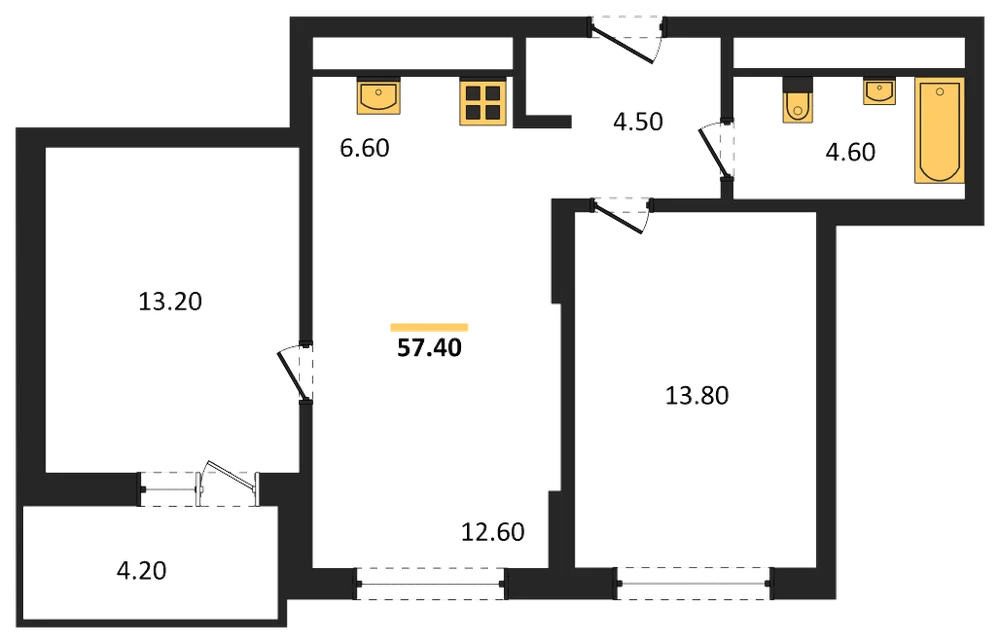 Планировка: 2-комн., 57,4 м²